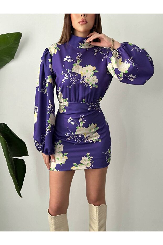 Mini rochie guler ridicat cu model violet - 2