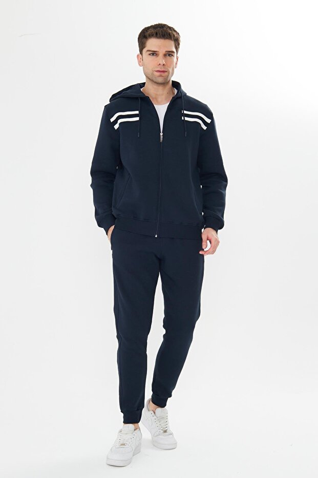 Men's Fleece-Lined Hooded Winter Tracksuit Set Navy Blue 9520-L