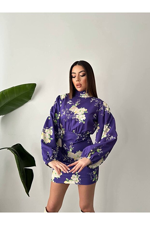 Mini rochie guler ridicat cu model violet - 4