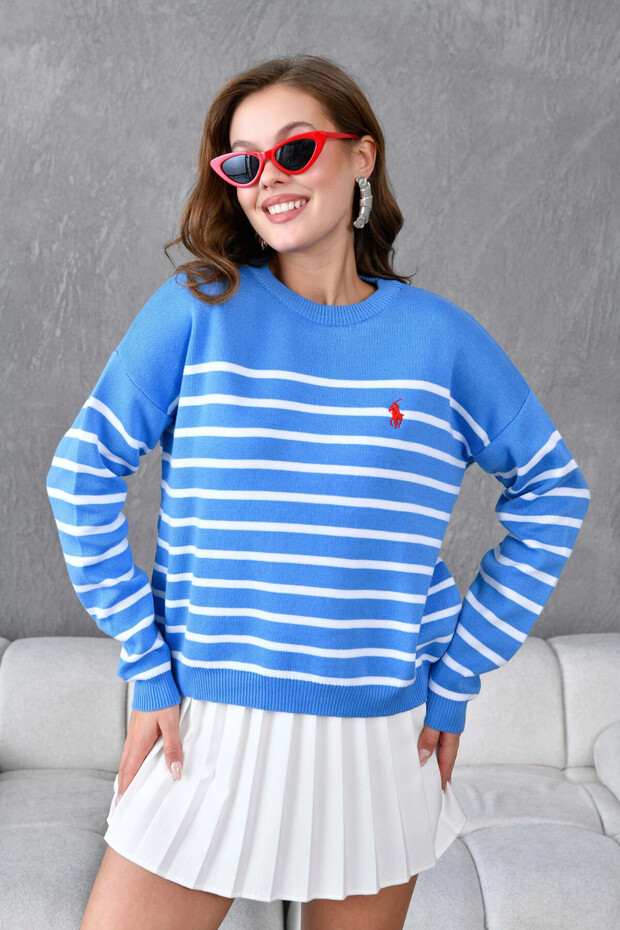 Women's Crew Neck Embroidered Striped Knit Sweater 10272.Ctn