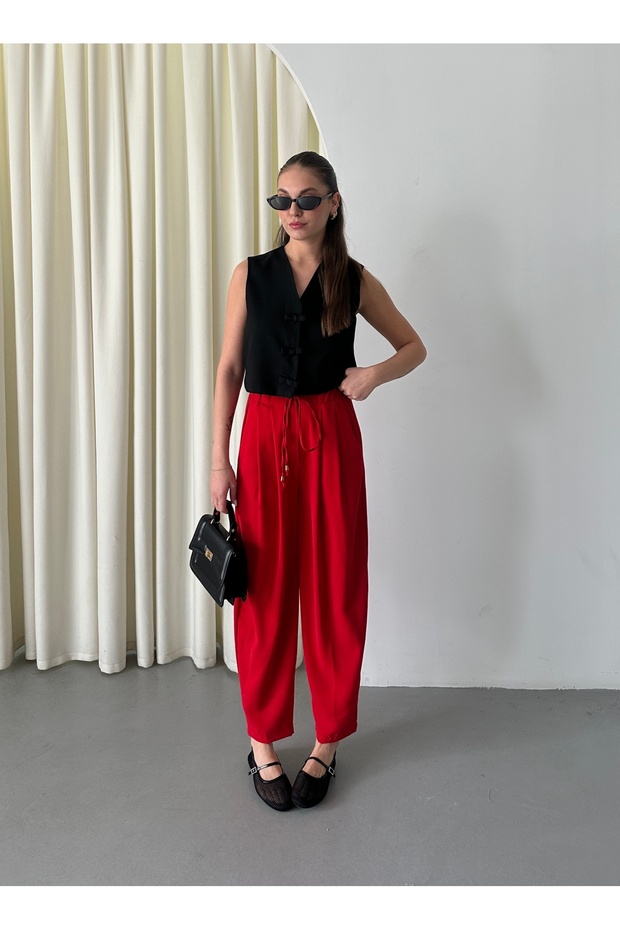 Red Elastic Waist Pleated Trousers - 51111