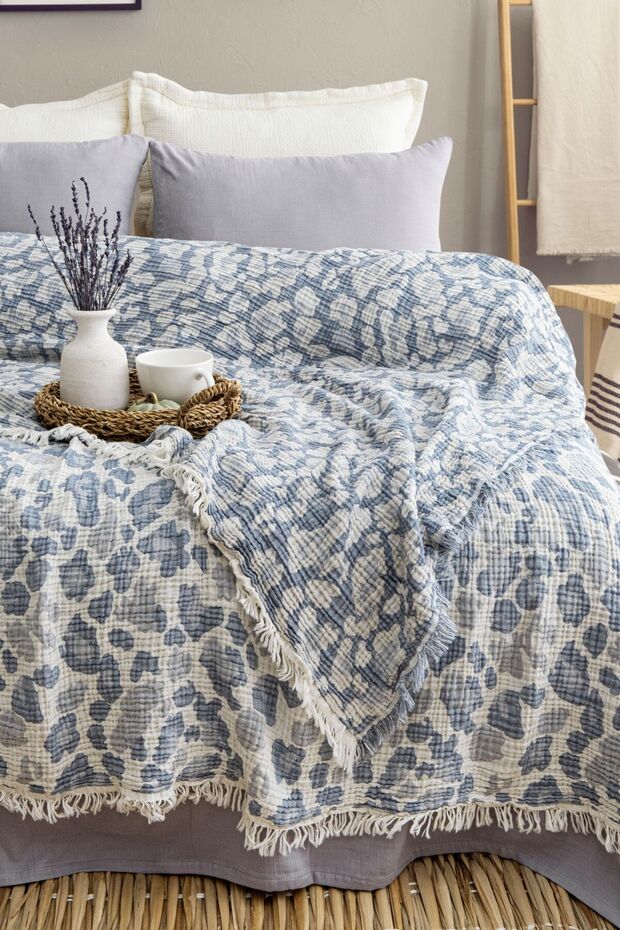 Leopard Pattern Blue 100% Cotton 4-Layer Muslin Bedspread, Sofa Cover - 3