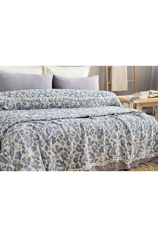 Leopard Pattern Blue 100% Cotton 4-Layer Muslin Bedspread, Sofa Cover - 2