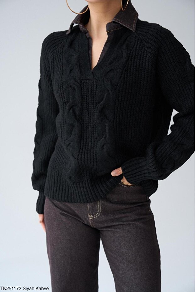 Women's Collared Denim Detailed Knit Sweater