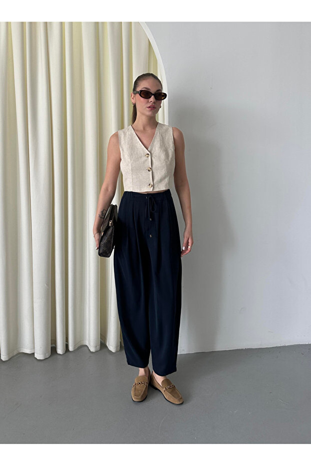 Navy Blue Elastic Waist Pleated Trousers - 51111
