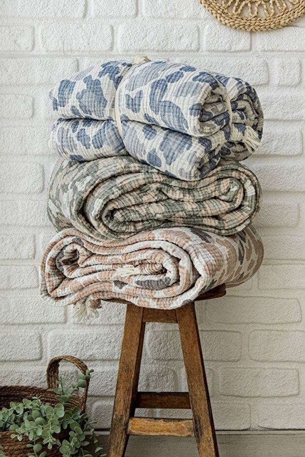 Leopard Pattern Beige 100% Cotton 4-Layer Double-Sided Muslin Bedspread, Armchair Cover - 5