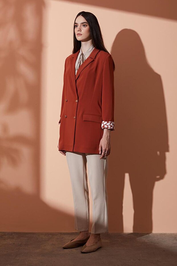 Double Breasted Brick Color Patterned Jacket - 3