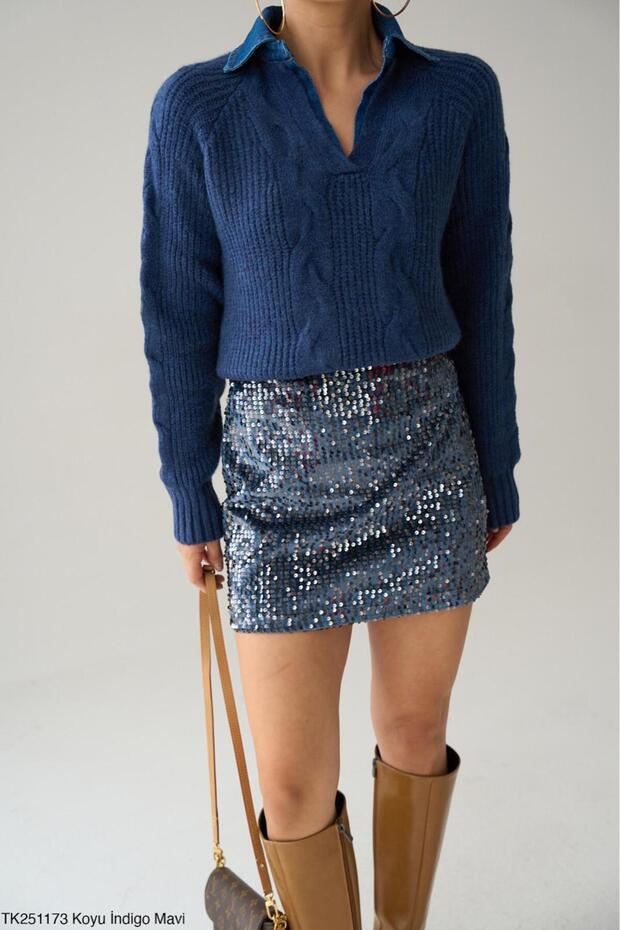 Women's Collared Denim Detailed Knit Sweater