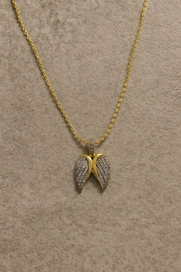 Pearl Stone Detailed Angel Wing Steel Necklace