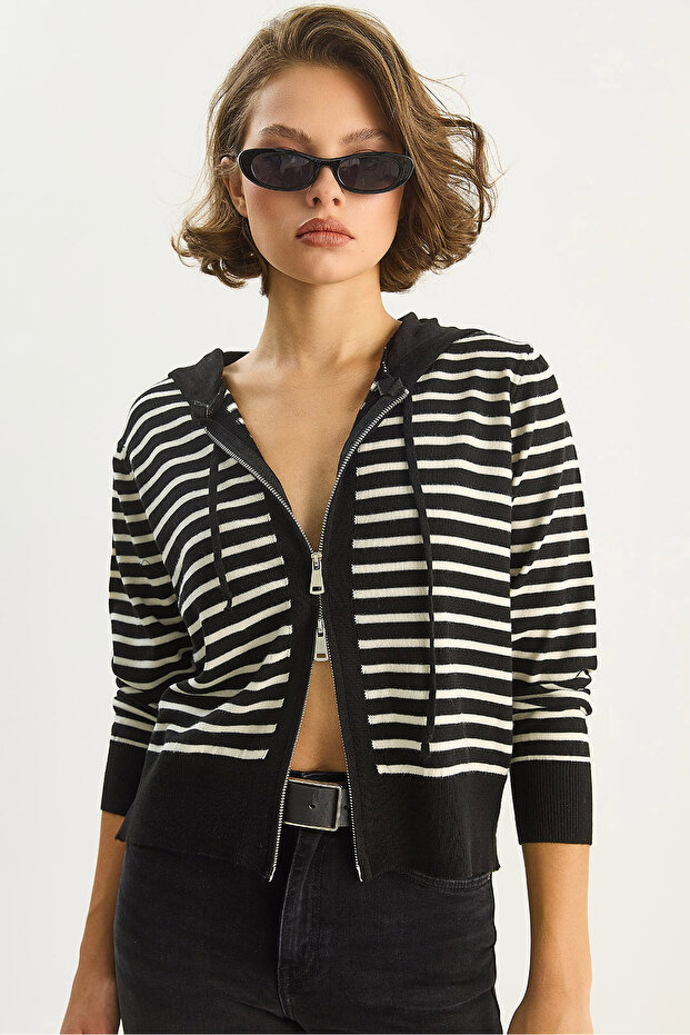 Women's Black Ecru Striped Hooded Double Zipper Basic Cardigan 20246865
