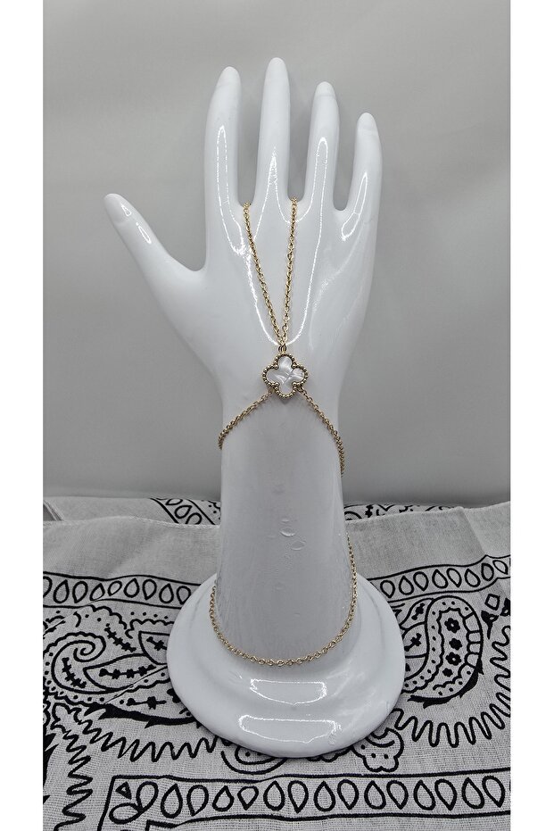 Stainless Steel Gold Color Clover Model Large White Zircon Stone Şahmeran