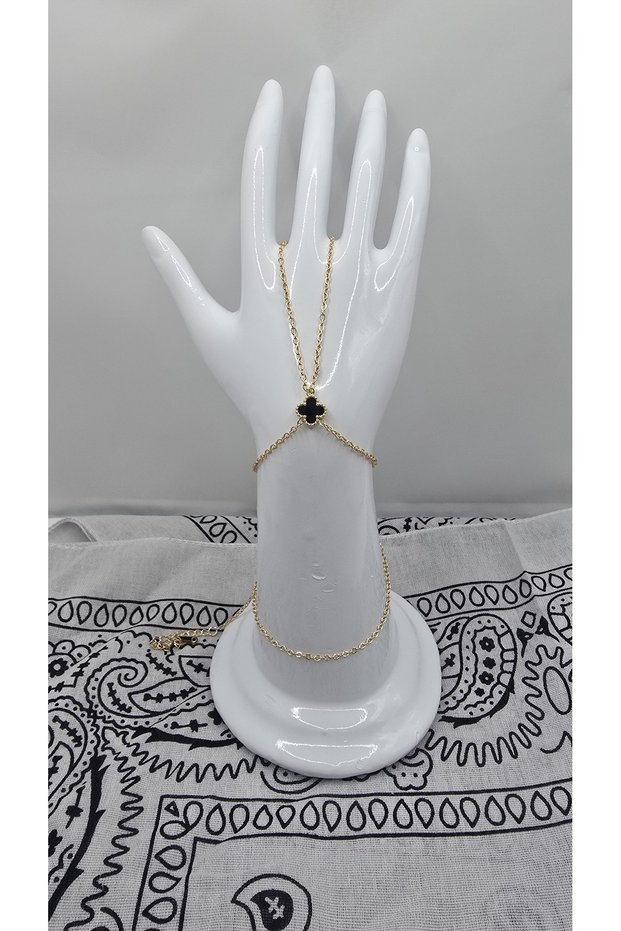 Stainless Steel Gold Color Clover Model Black Zircon Stone Şahmeran