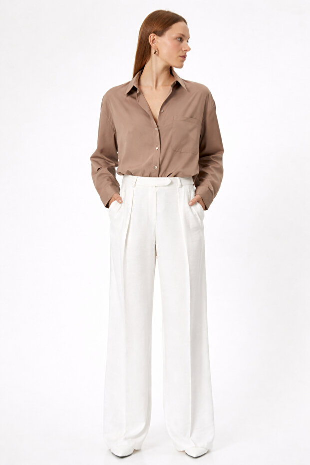 Women's Milk Coffee Linen Flared Shirt – Comfortable Fit, Long Sleeves, Buttoned Basic Model