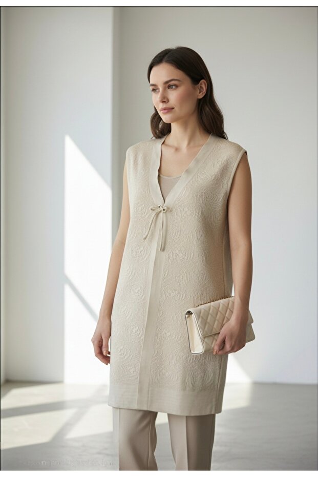 Women's Knitwear Long Vest Boat Neck Rose Pattern Lace-Up Sleeveless Transitional Classic