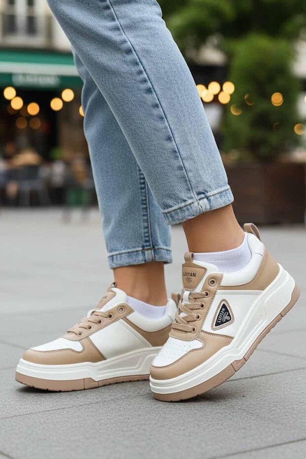 Women's Khaki Leather Sneaker Shoes White Beige