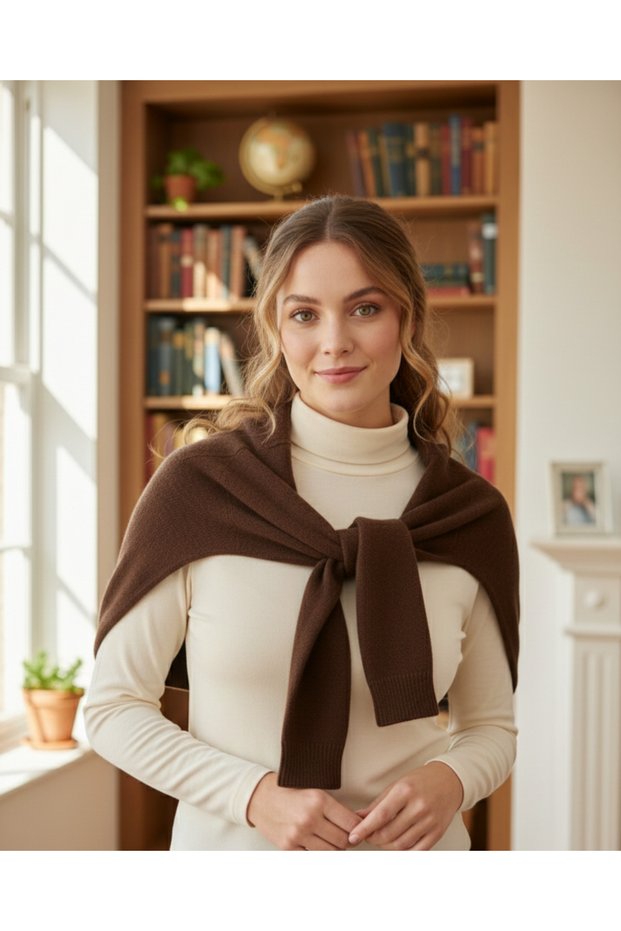 Women's Brown Sweater-Looking Knitwear Shawl | Tie-Up Casual Selection