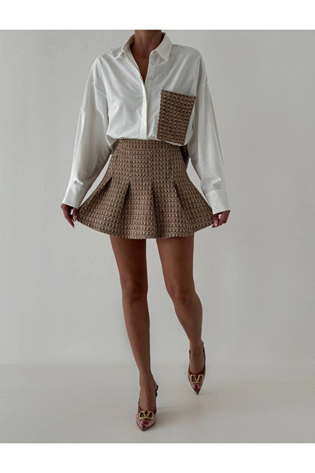 Ekose desenli şortlu mini etek - 1