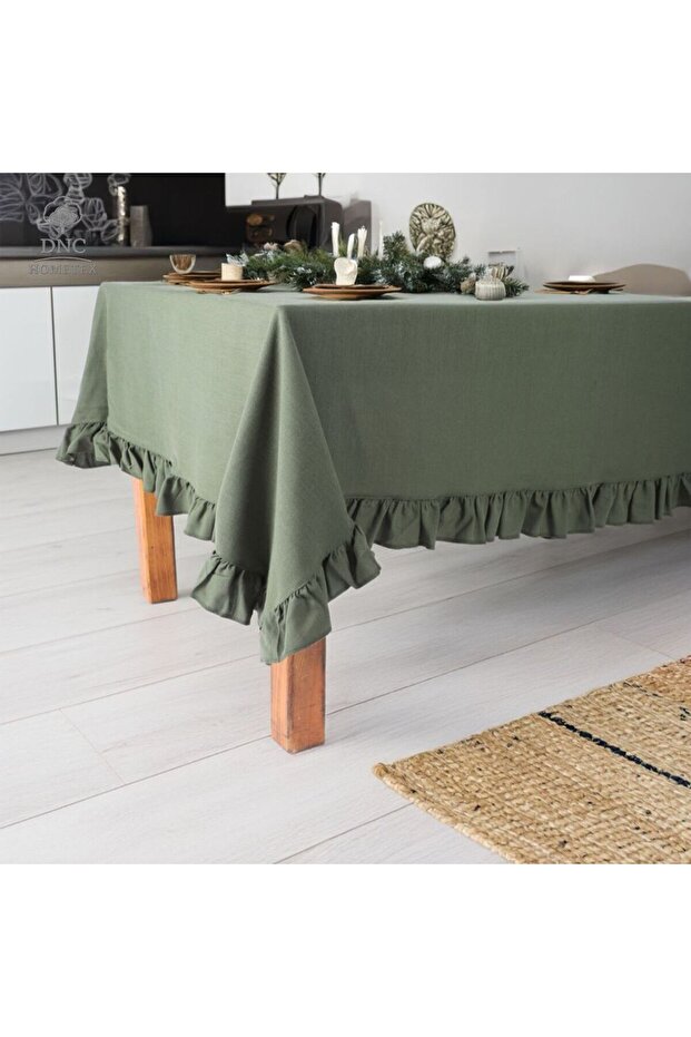 Premium Linen Khaki Ruffled Tablecloth