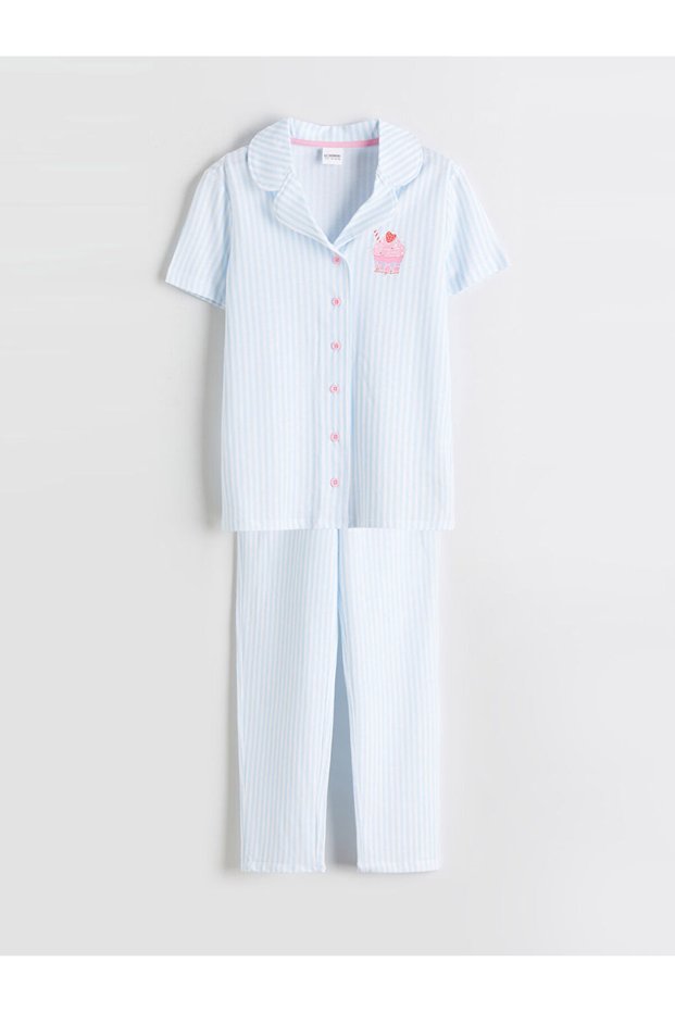 Rmz Gi̇yi̇m Farkiyla Shirt Roba Collar Striped Girls' Pajama Set