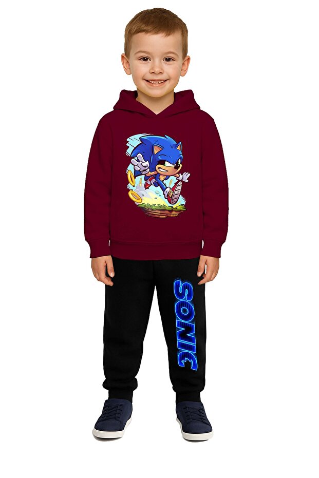 Sonic Printed Children's Tracksuit Set 3 Thread Ş Fleece-Lined Cotton Fabric Hooded
