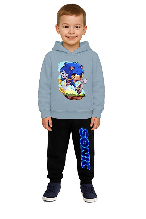 Sonic Printed Children's Tracksuit Set 3 Thread Ş Fleece-Lined Cotton Fabric Hooded