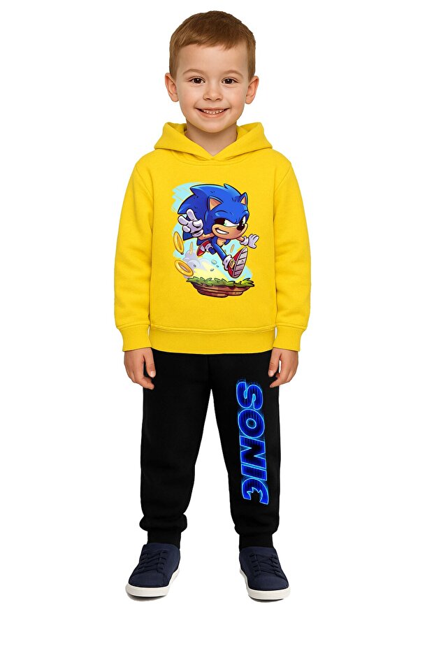 Sonic Printed Children's Tracksuit Set 3 Thread Ş Fleece-Lined Cotton Fabric Hooded