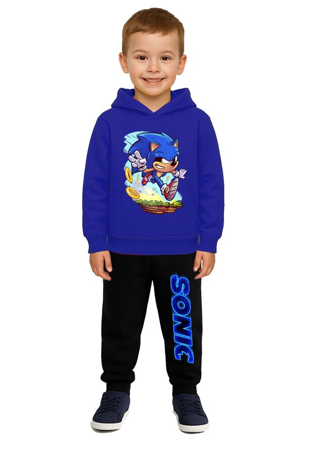 Sonic Printed Children's Tracksuit Set 3 Thread Ş Fleece-Lined Cotton Fabric Hooded