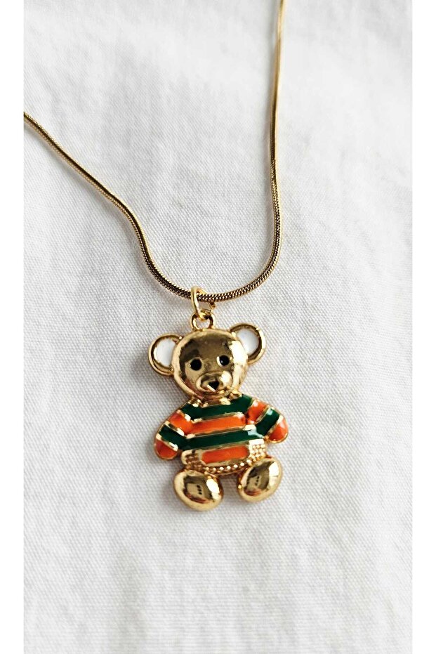Stainless Steel Green-Orange Striped Bear Necklace-Gold