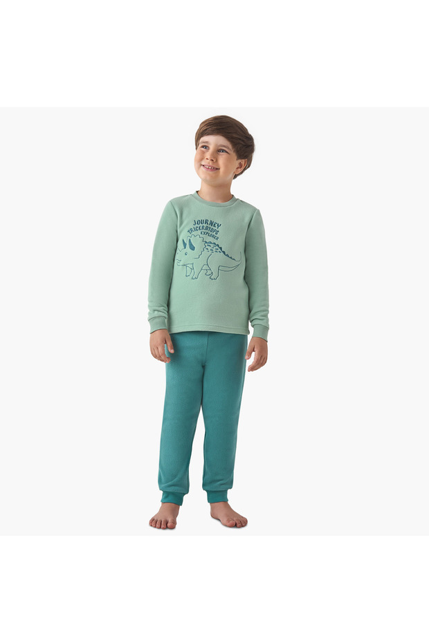 Boys Pyjama Set with Dinosaur Embroidery - Polyester - Long Sleeves - Crew Neck