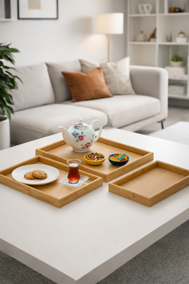 Wooden Tray Set of 3 Tea Coffee Bamboo Presentation Tray Set
