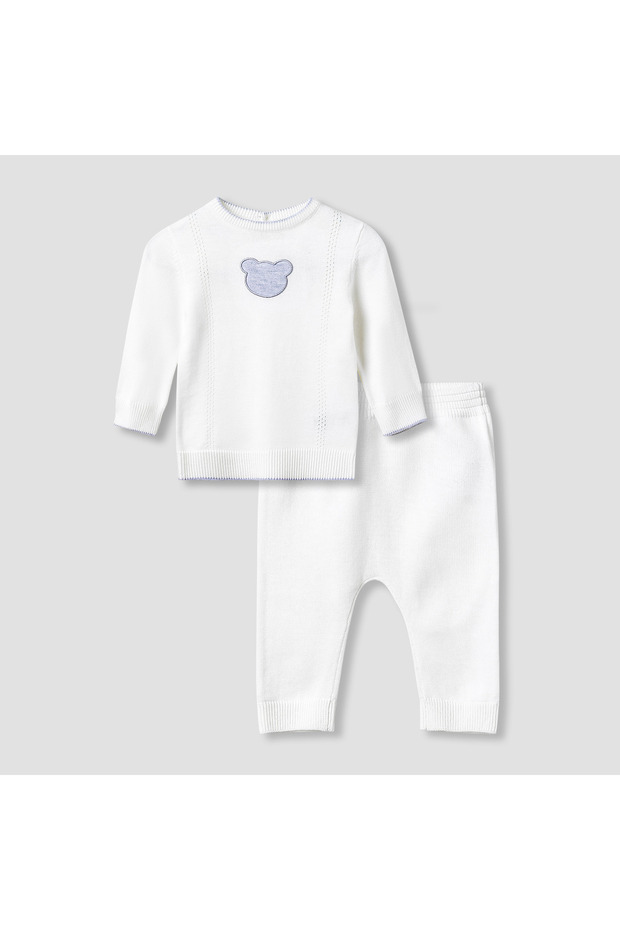 Pyjama Set with Bear Applique - Cotton - Long Sleeves - Round Neck