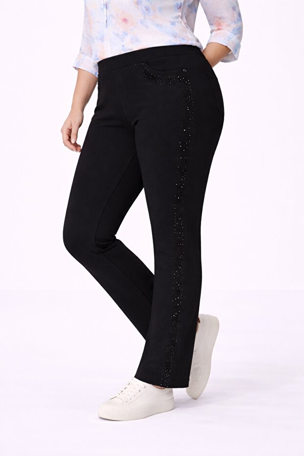 Women's Plus Size Black High-Waisted Stone-Detailed Decorative Pocket Steel Fabric Shaping Pants 65N39309