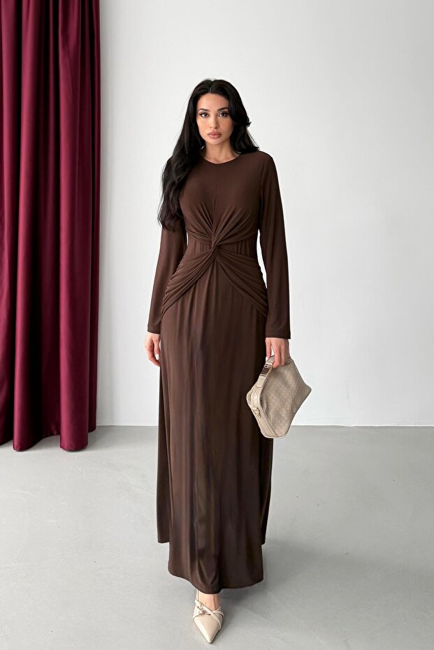 Brown Front Tie-Detail Long Dress