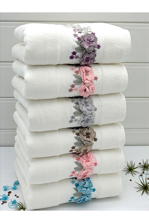 3D Embroidered Flower Embroidered 6-Piece 50x90 Hand and Face Towel Set