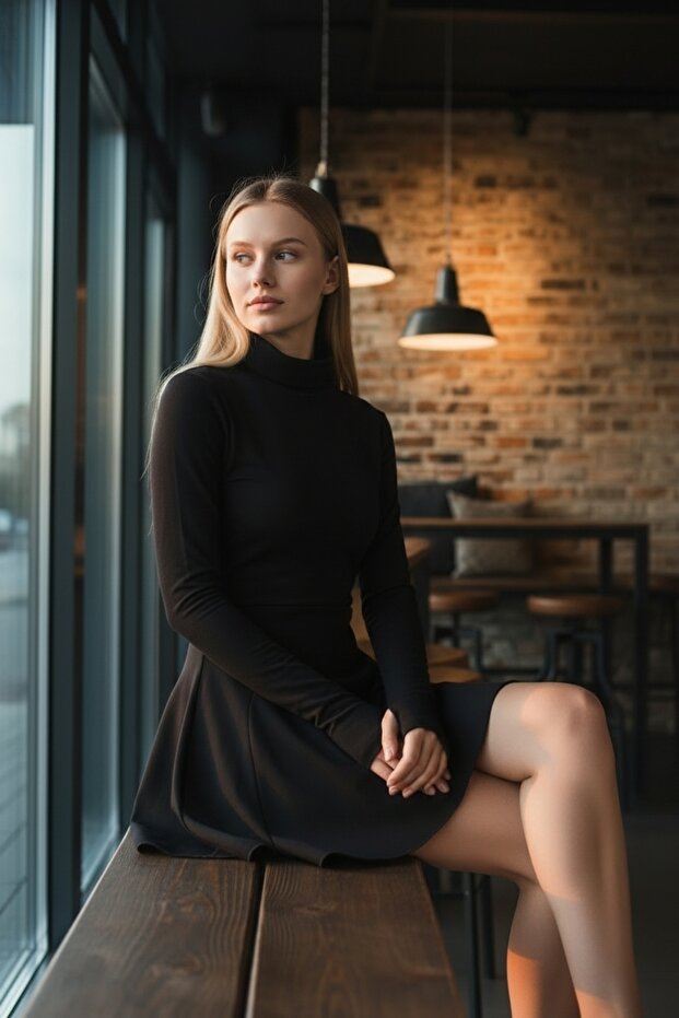 Parmak Geçmeli Balıkçı Yaka Mini Örme Elbise - 1