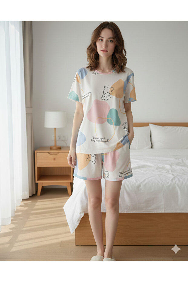 Women's Colorful Crew Neck Shorts Soft Fabric Pajama Set