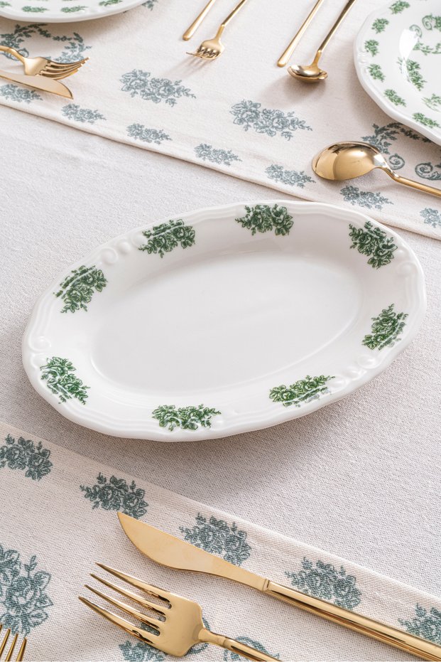 Vintage Flowers Green 2-Piece Boat Plate 26 cm – Floral Patterned Porcelain Presentation Plate