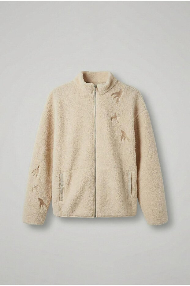 Men's Relaxed Fit Premium Sherpa Embroidery Detailed Zippered Jacket Beige