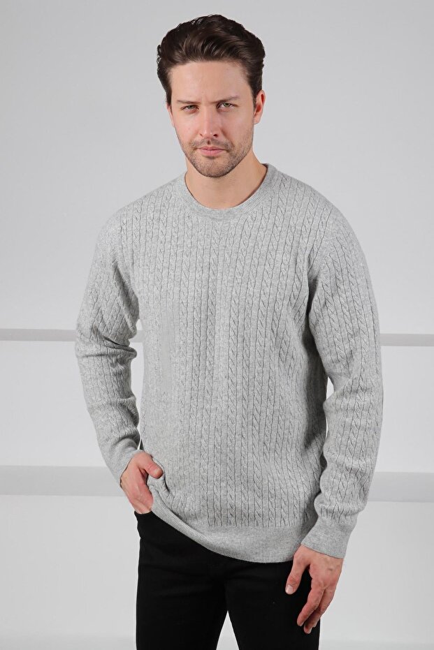 A.Grey Crew Neck Embossed Hair Knit Patterned 100% Lamb Wool Men's Knitwear Sweater