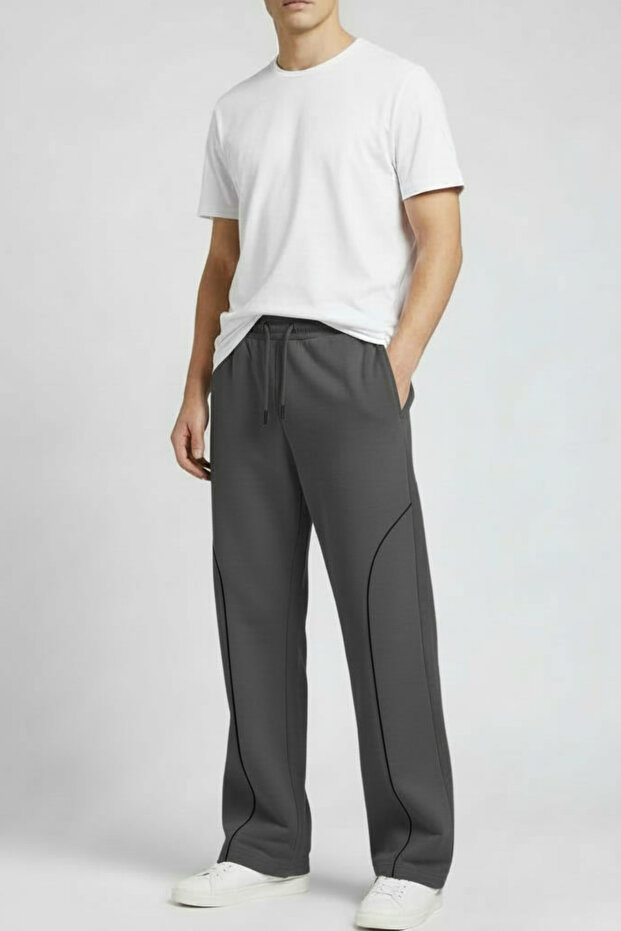 Men’s Baggy Sweatpants with Piped Detail Elastic Waist Relaxed Fit Wide Legged Transitional Sweatpants