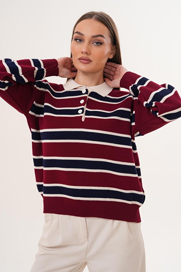 Women's Polo Neck Stripe Detailed Knitwear Knitted Sweater 255446 -