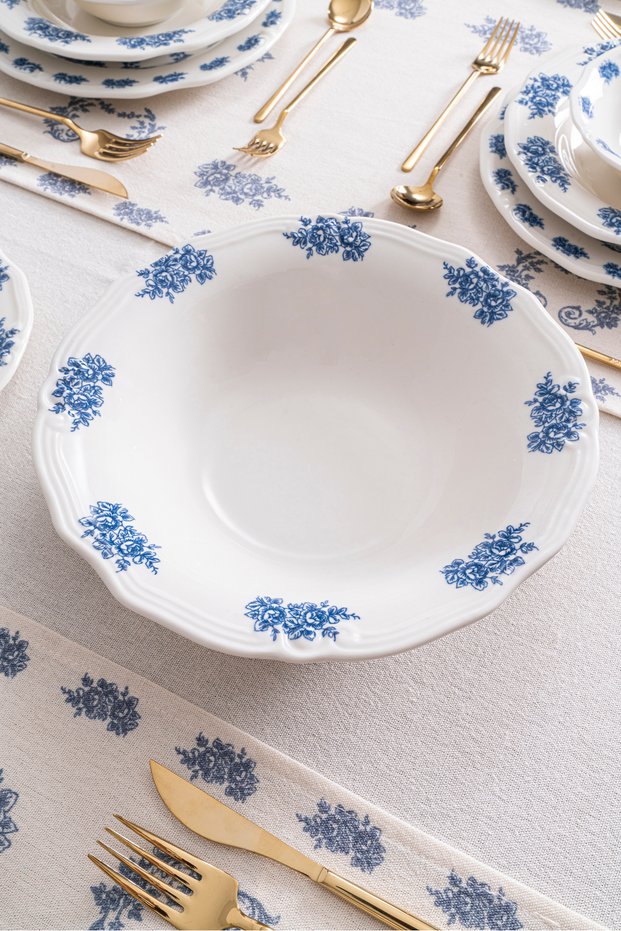 Vintage Flowers Blue 26 cm Porcelain Salad Bowl | 920 Cc Floral Print Presentation Bowl