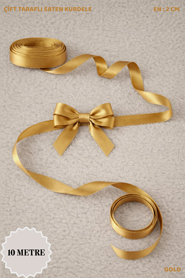 Gold Satin Ribbon 2 cm 10 Meters - Bohça, Nikah, Nişan, Çeyiz, Hediye, Süsleme, Doğum Günü, Parti