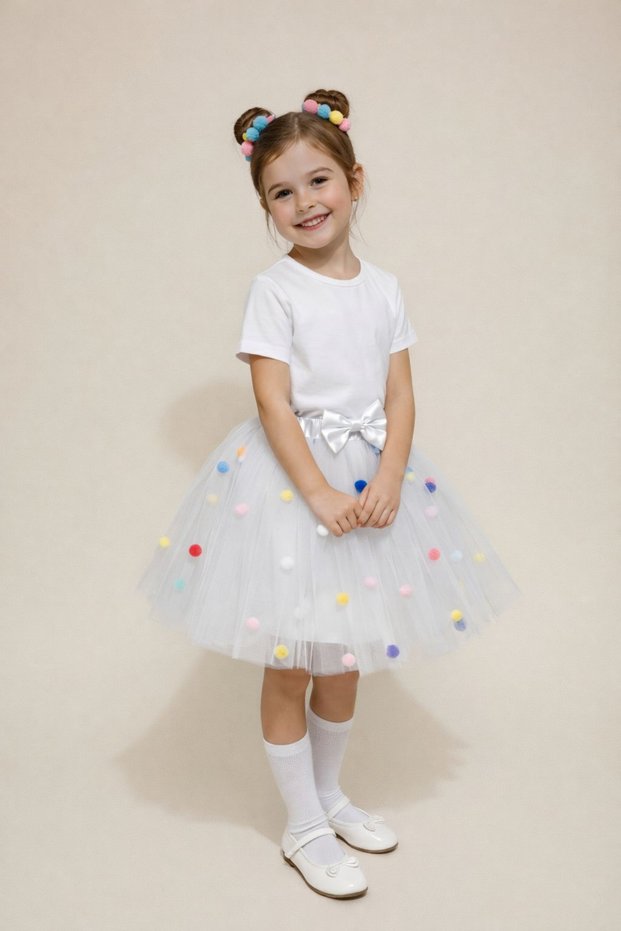 Girl's Colorful Pompom Tulle Lined Dream Tulle Tutu Skirt Cf-25037