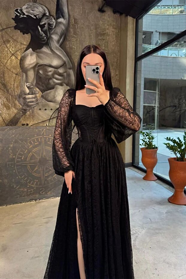 فستان اسود ناعم بقماش الدانتيل
