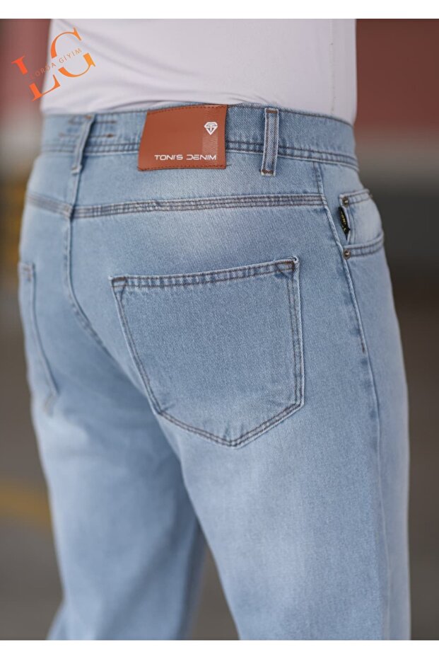 Men's Jeans Baggy High Waist Zippered Lycra Light Blue with Bib - 4