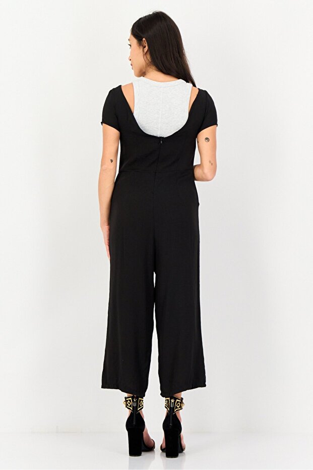 Women Plain Short Sleeve Jumpsuits, Black - 4