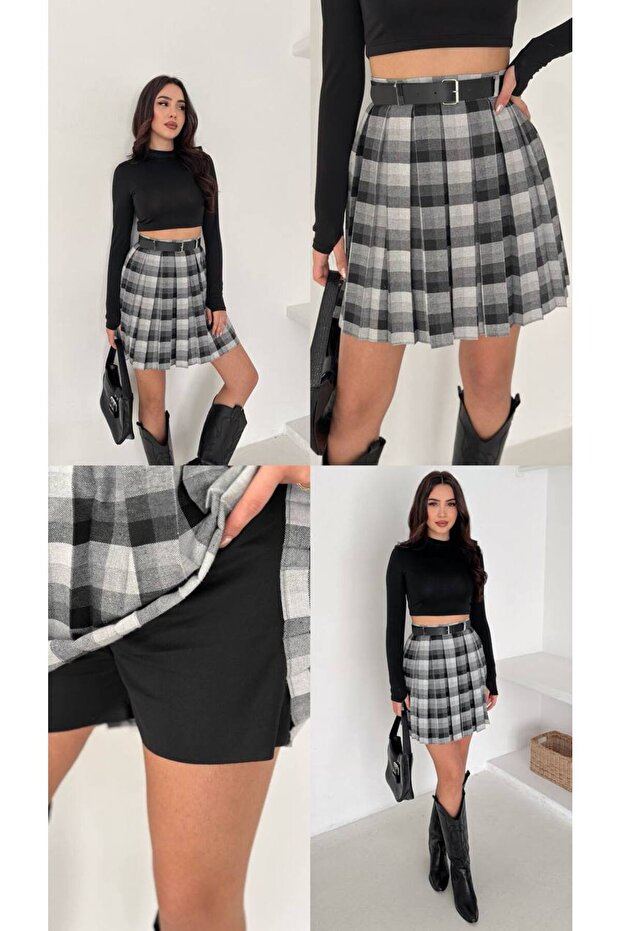 Ekoseli Şortlu Mini Etek - 2