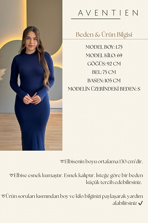 Parmak Geçirmeli Basic Lacivert Uzun Elbise - 3