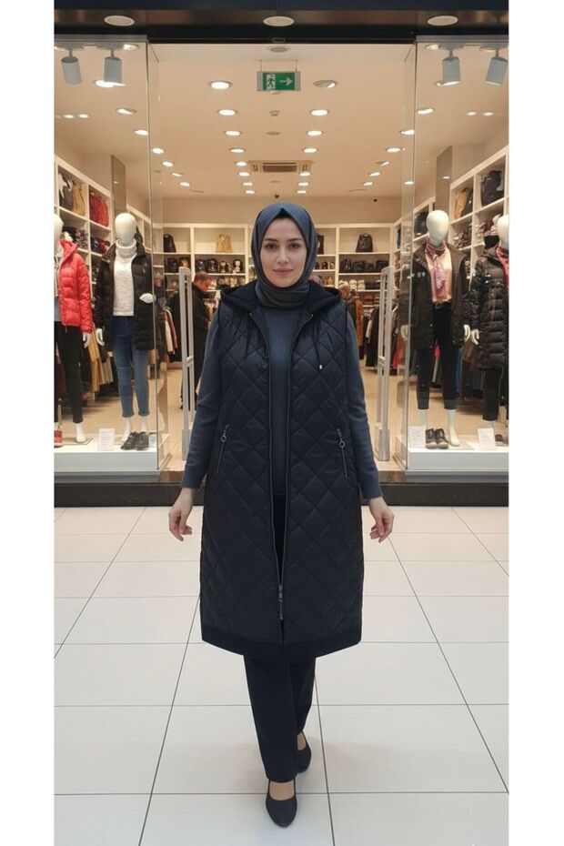 Kapitone Fermuarlı Siyah Yelek - 1